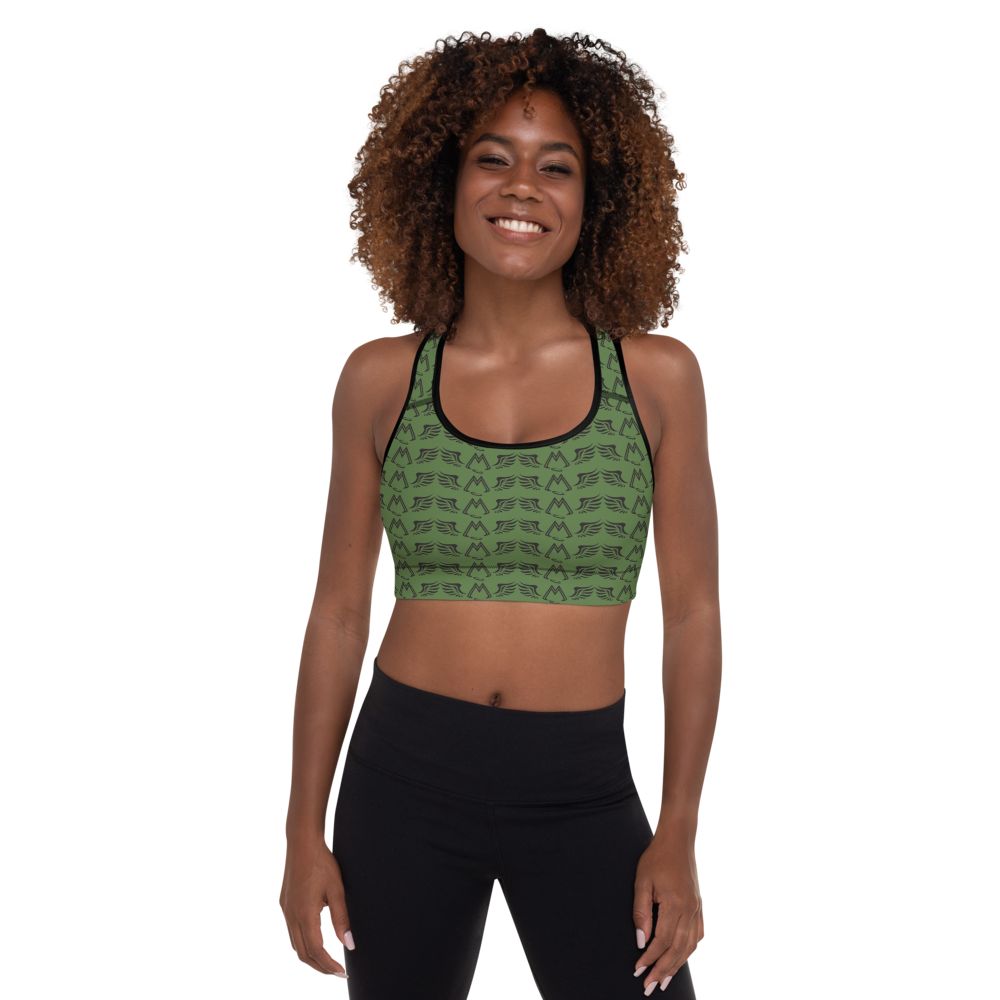 Army Green Padded Sports Bra With Duplicated Black MM Iconic Logo