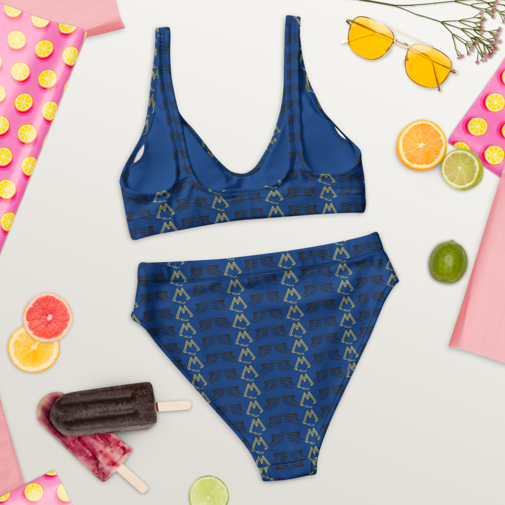 Blue Recycled High-Waisted Bikini With Duplicated Gold-Black MM Iconic Logo