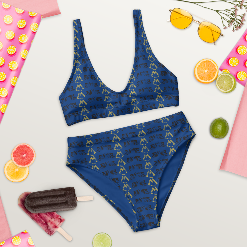 Blue Recycled High-Waisted Bikini With Duplicated Gold-Black MM Iconic Logo