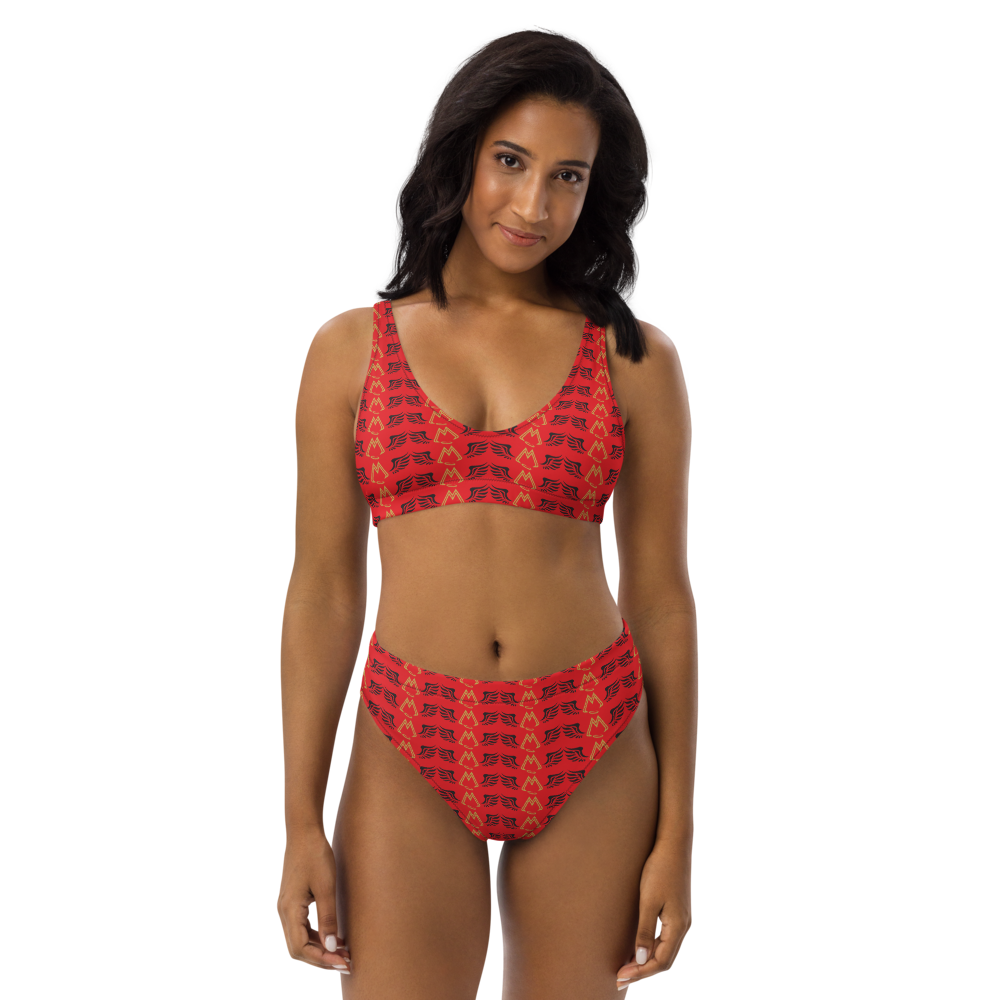 Red Recycled High-Waisted Bikini With Duplicated Gold-Black MM Iconic Logo