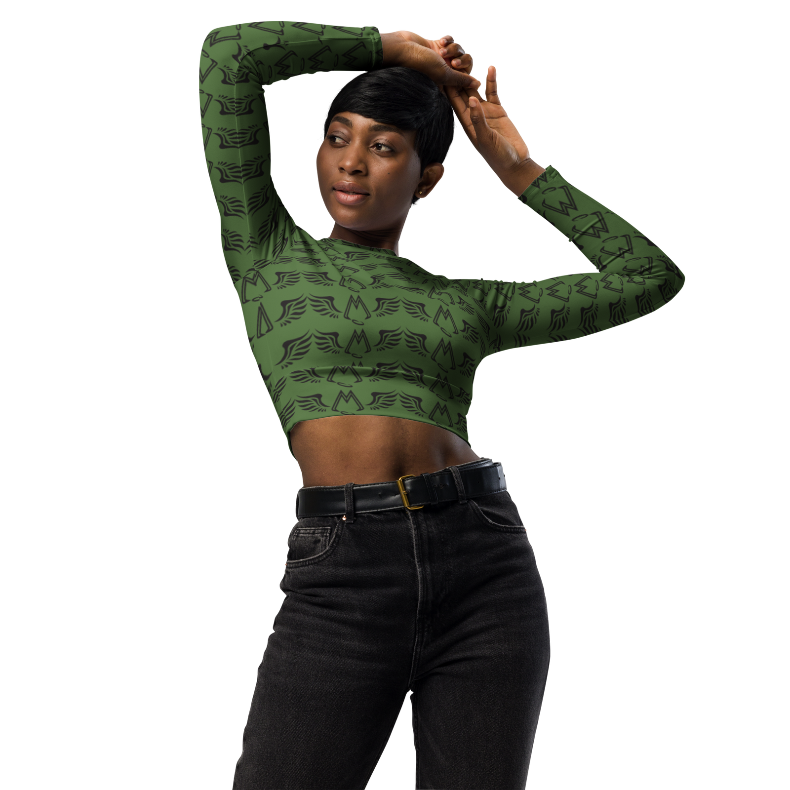 Army Green Recycled Long-Sleeve Crop Top With Duplicated Black MM Iconic Logo