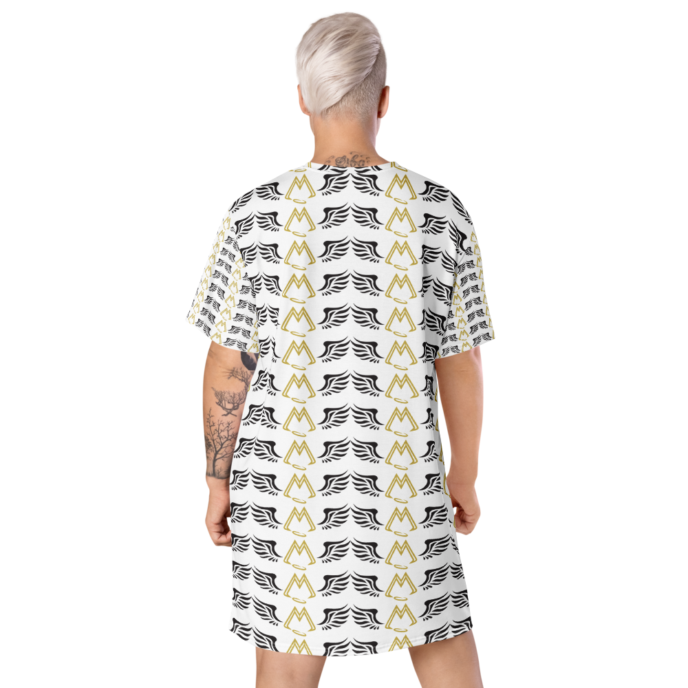 White T-Shirt Dress With Duplicated Gold-Black MM Iconic Logo