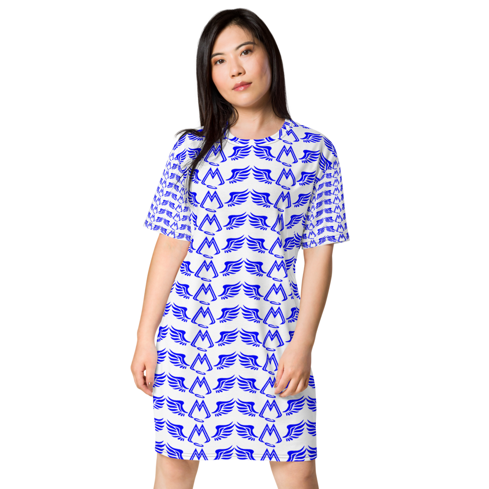 White T-Shirt Dress With Duplicated Blue MM Iconic Logo