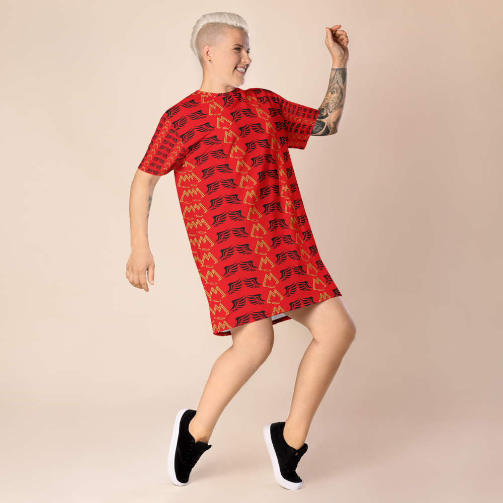 Red T-Shirt Dress With Duplicated Gold-Black MM Iconic Logo