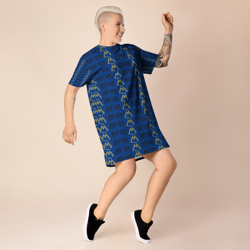 Blue T-Shirt Dress With Duplicated Gold-Black MM Iconic Logo