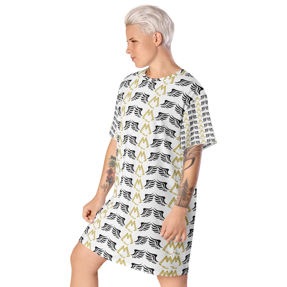 White T-Shirt Dress With Duplicated Gold-Black MM Iconic Logo