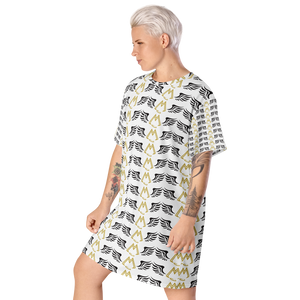 White T-Shirt Dress With Duplicated Gold-Black MM Iconic Logo