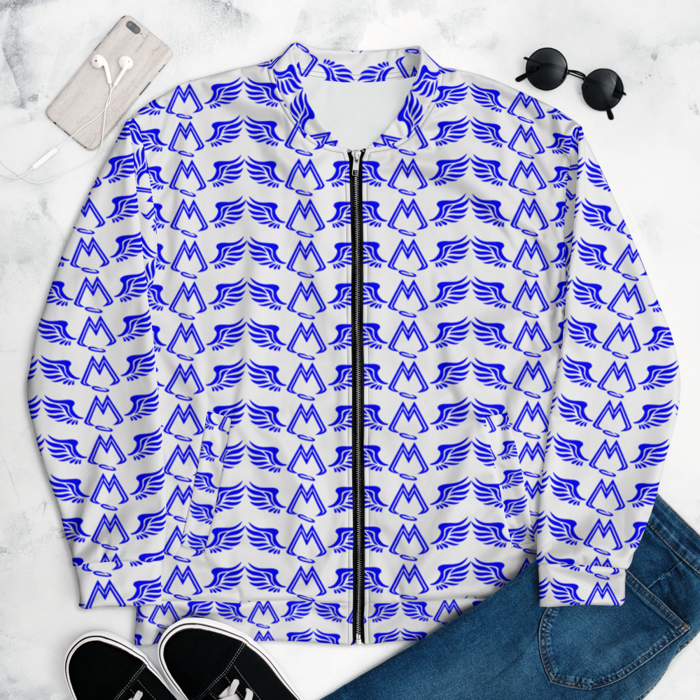 White Bomber Jacket With Duplicated Blue MM Iconic Logo