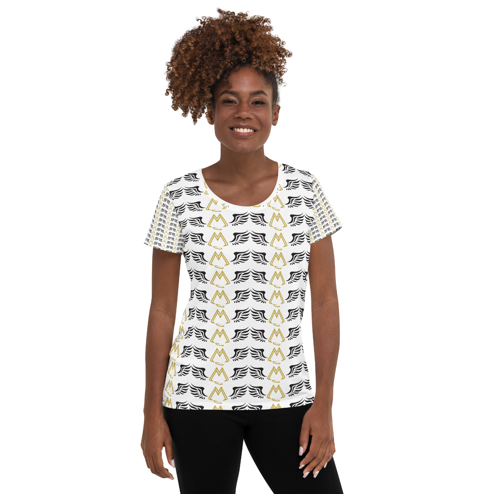 White Women's Athletic T-shirt With Duplicated Gold-Black MM Iconic Logo