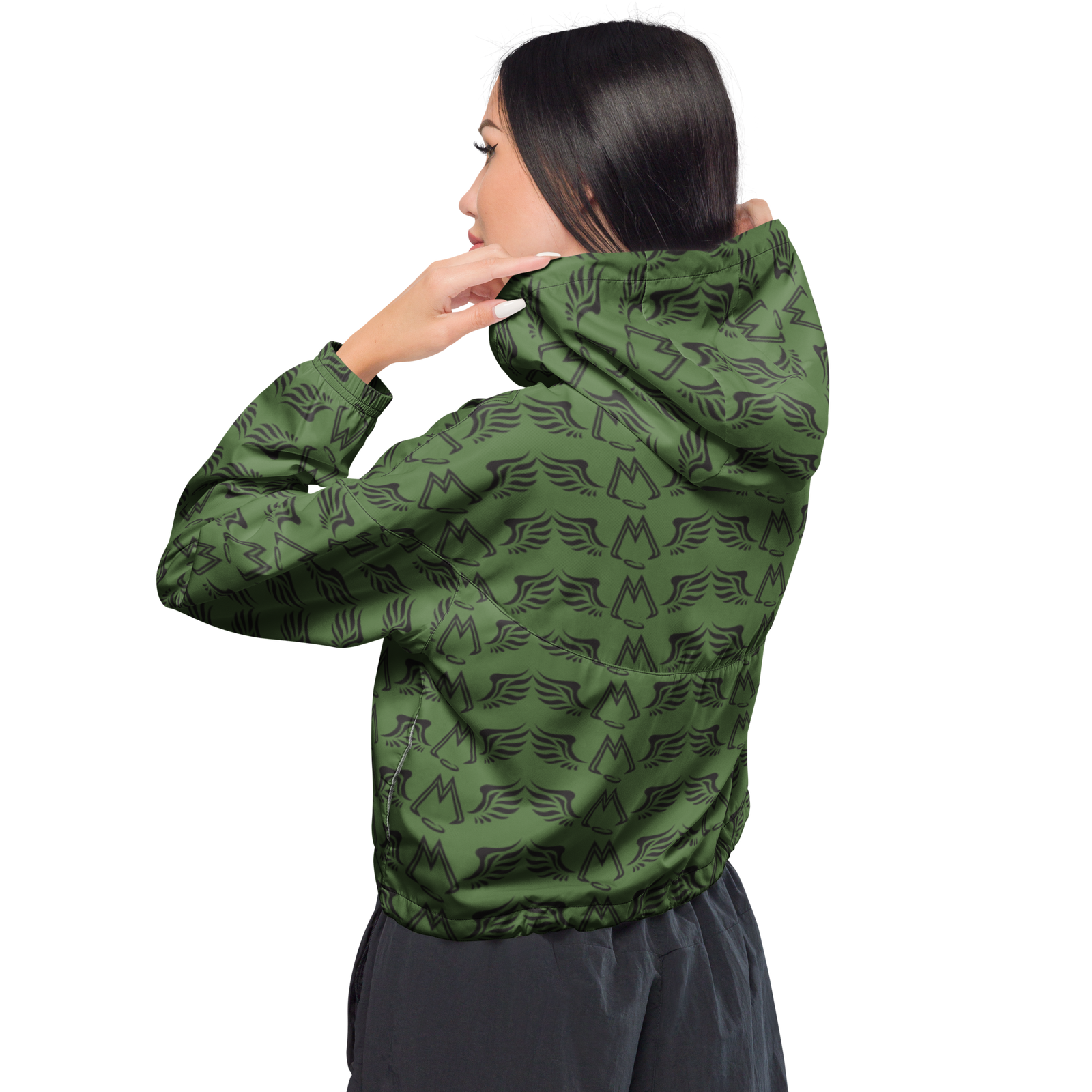 Army Green Cropped Windbreaker With Duplicated Black MM Iconic