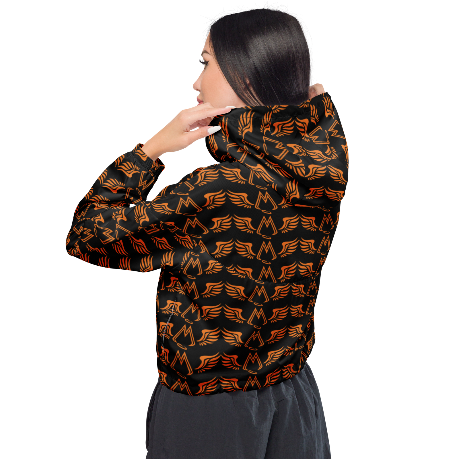 Women’s Black Cropped Windbreaker With Duplicated Orange MM Iconic Logo