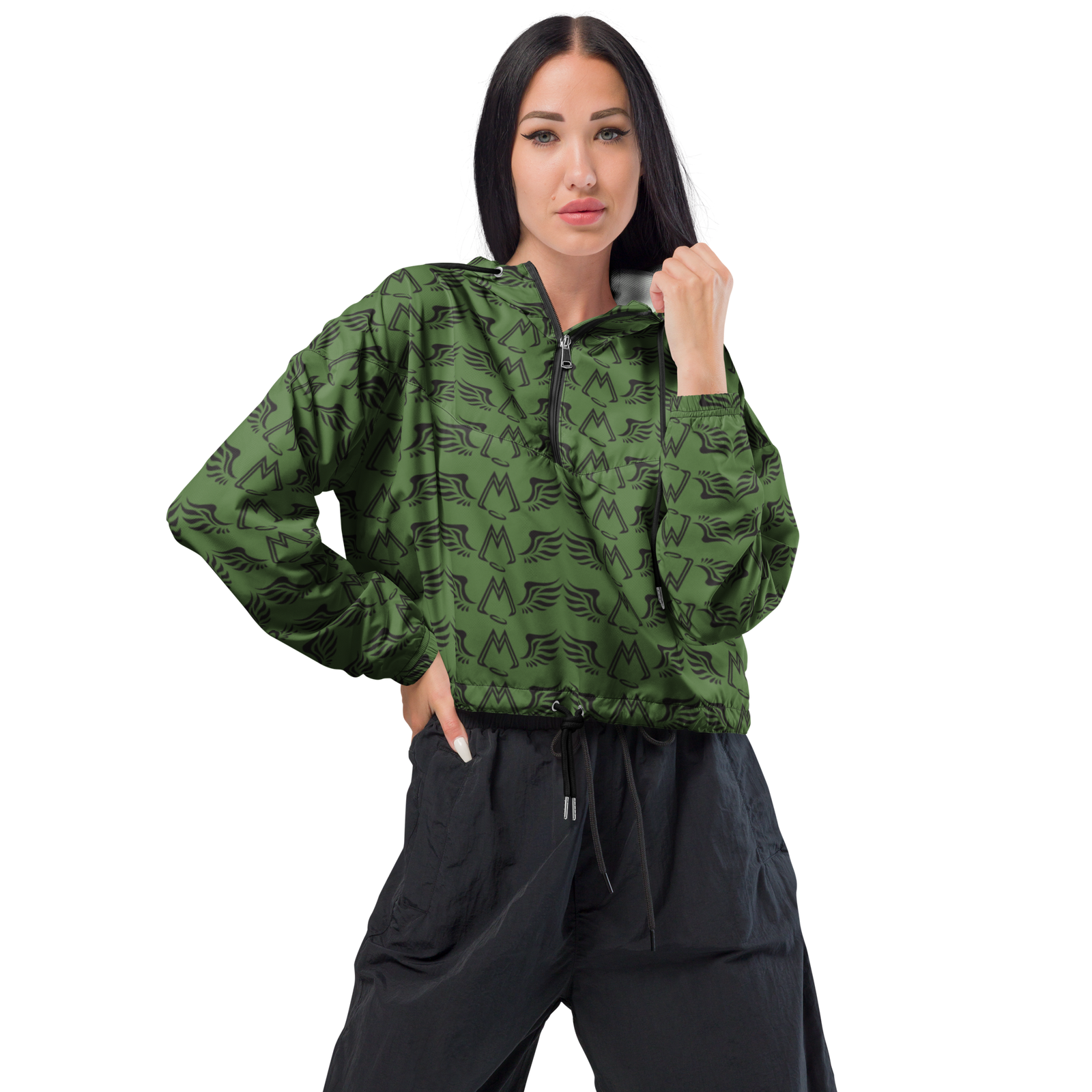 Army Green Cropped Windbreaker With Duplicated Black MM Iconic