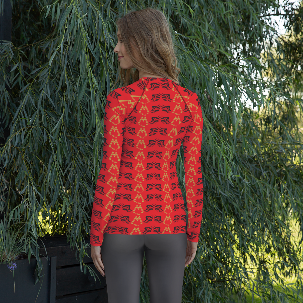 Red Women's Rash Guard With Duplicated Gold-Black MM Iconic Logo