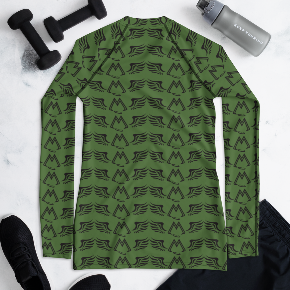 Army Green Women's Rash Guard With Duplicated Black MM Iconic Logo
