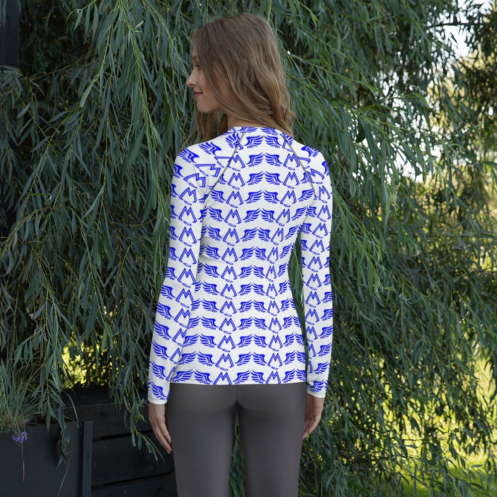 White Women's Rash Guard With Duplicated Blue MM Iconic Logo