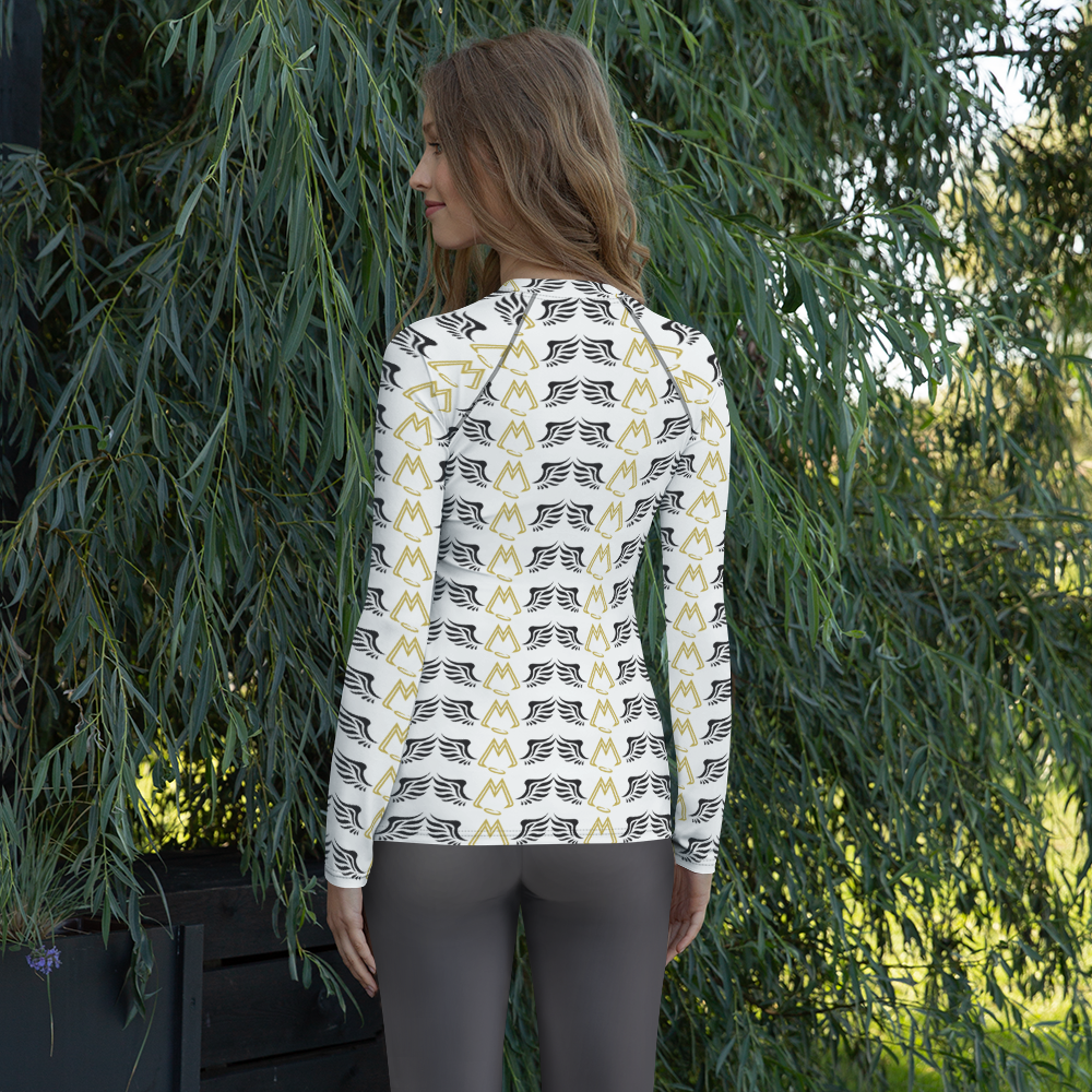 White Women's Rash Guard With Duplicated Gold-Black MM Iconic Logo