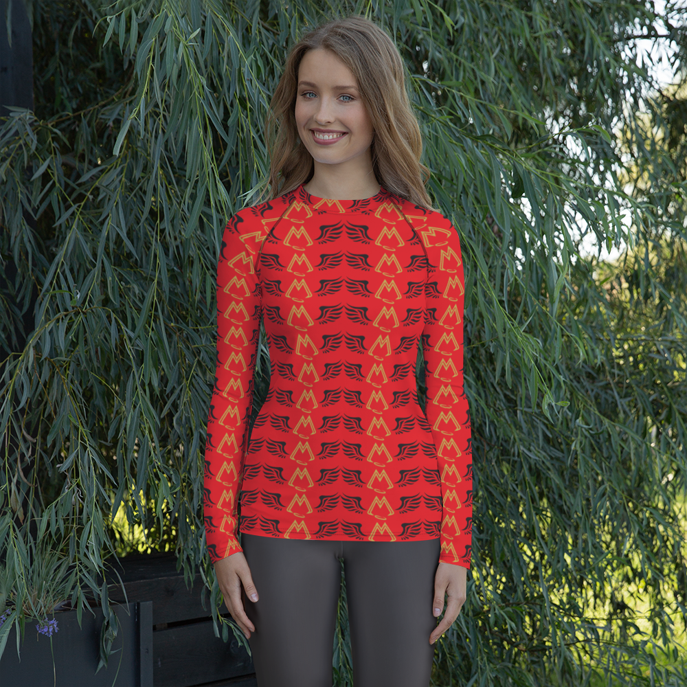 Red Women's Rash Guard With Duplicated Gold-Black MM Iconic Logo