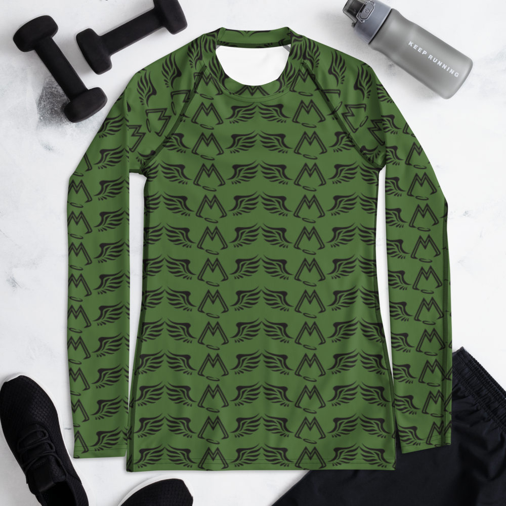 Army Green Women's Rash Guard With Duplicated Black MM Iconic Logo