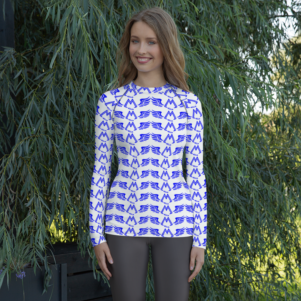White Women's Rash Guard With Duplicated Blue MM Iconic Logo