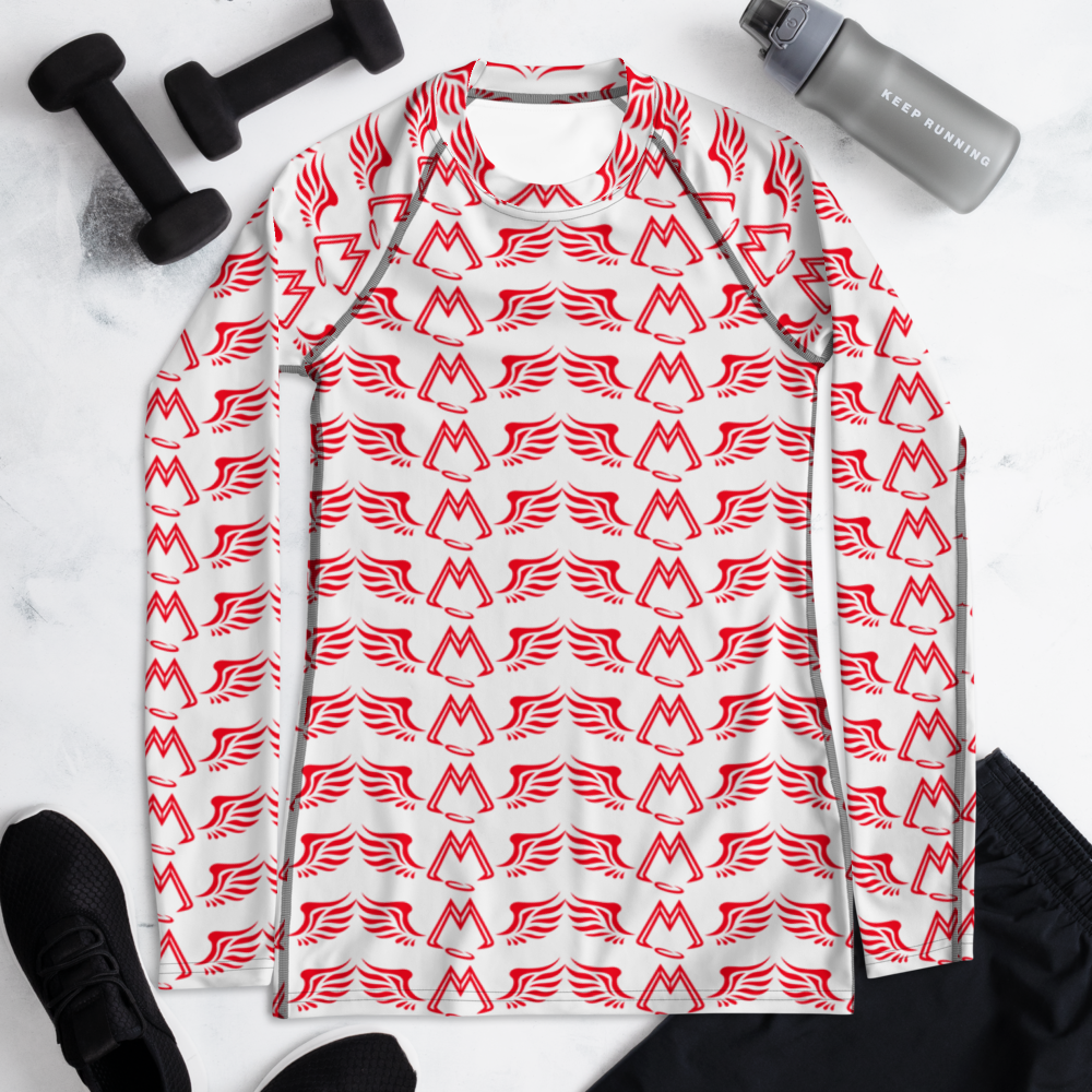 White Women's Rash Guard With Duplicated Red MM Iconic Logo