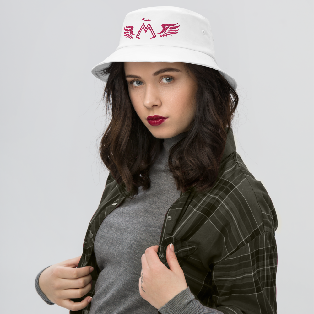 White Old School Bucket Hat With Embroidered Pink MM Iconic Logo