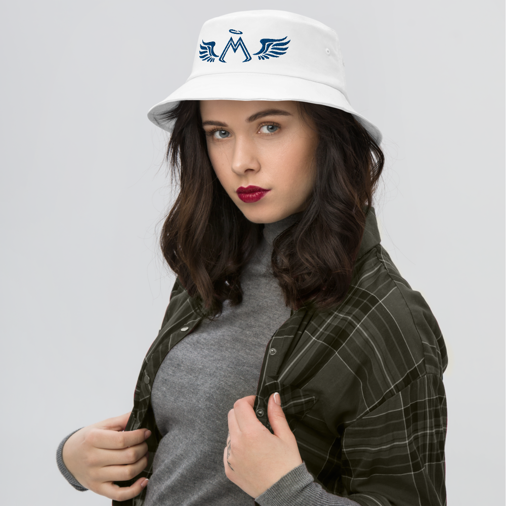 White Old School Bucket Hat With Embroidered Blue MM Iconic Logo