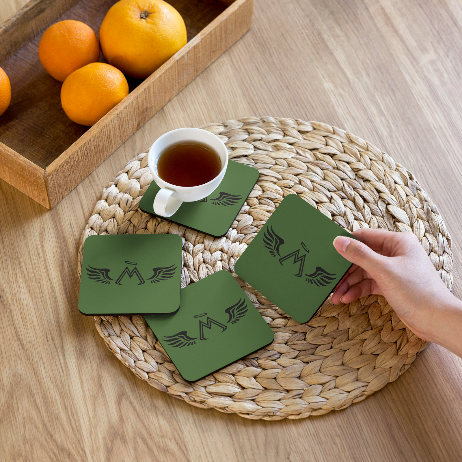 Army Green Cork-Back Coaster With Black MM Iconic Logo