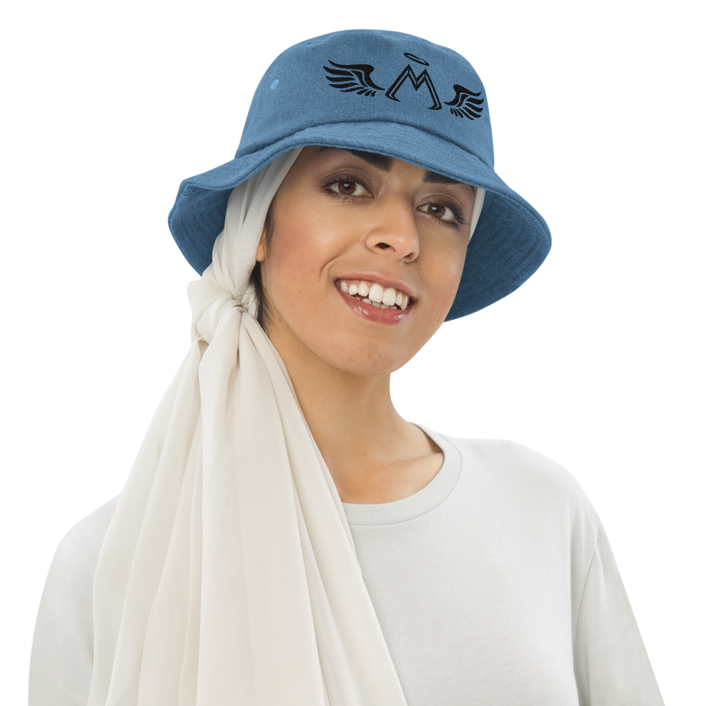 Light Blue Denim Bucket Hat With Embroidered Black MM Iconic Logo
