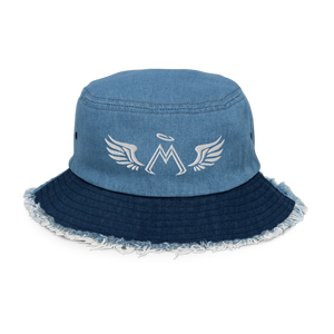 Light-Dark Blue Distressed Denim Bucket Hat With Embroidered White MM Iconic Logo