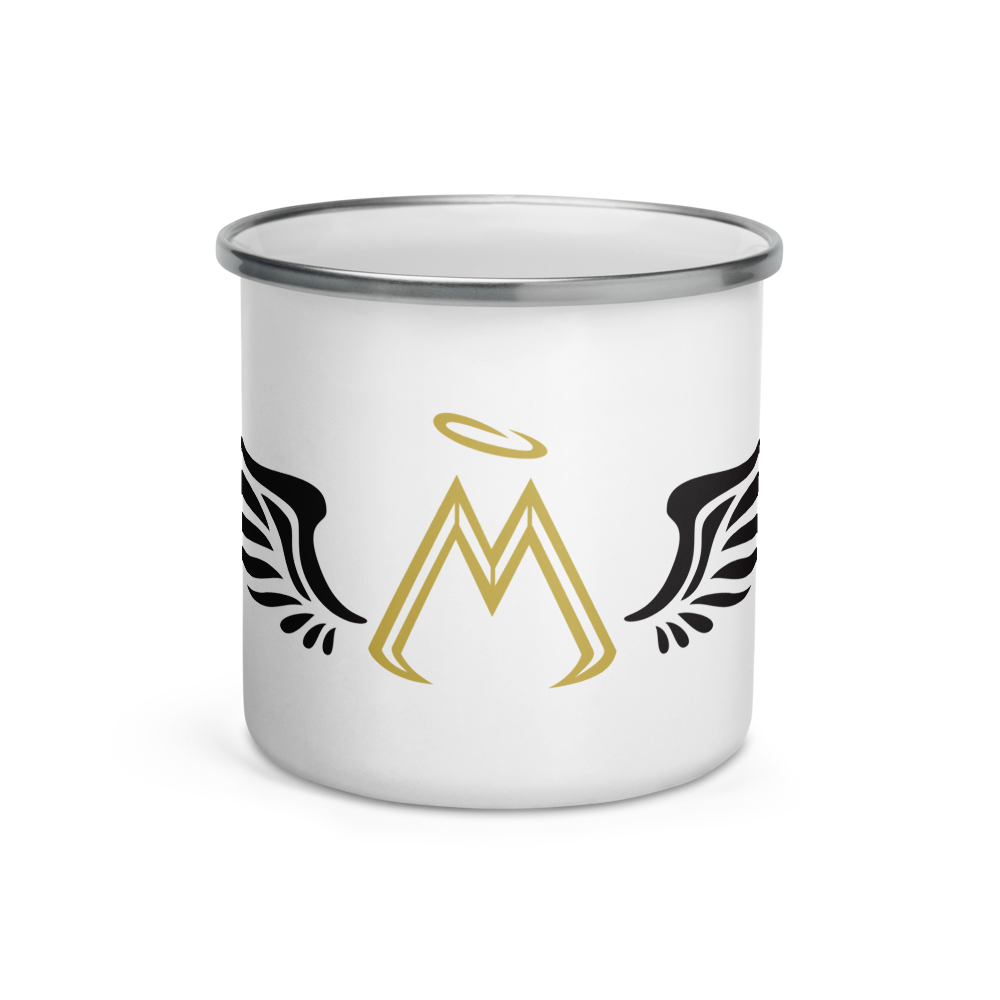 White Enamel Mug With Gold-Black MM Iconic Logo