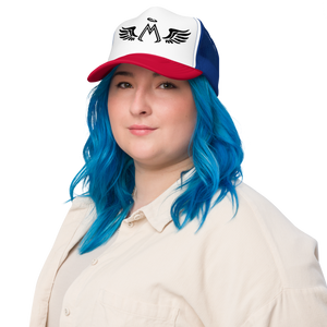 Red-White-Blue Foam Trucker Hat With Embroidered Black MM Iconic Logo