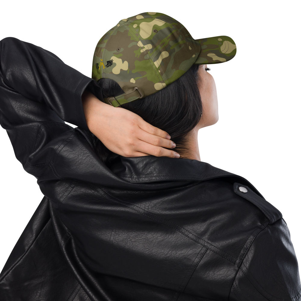 Army Green Camo Dad Hat With Embroidered Gold-Black MM Iconic Logo