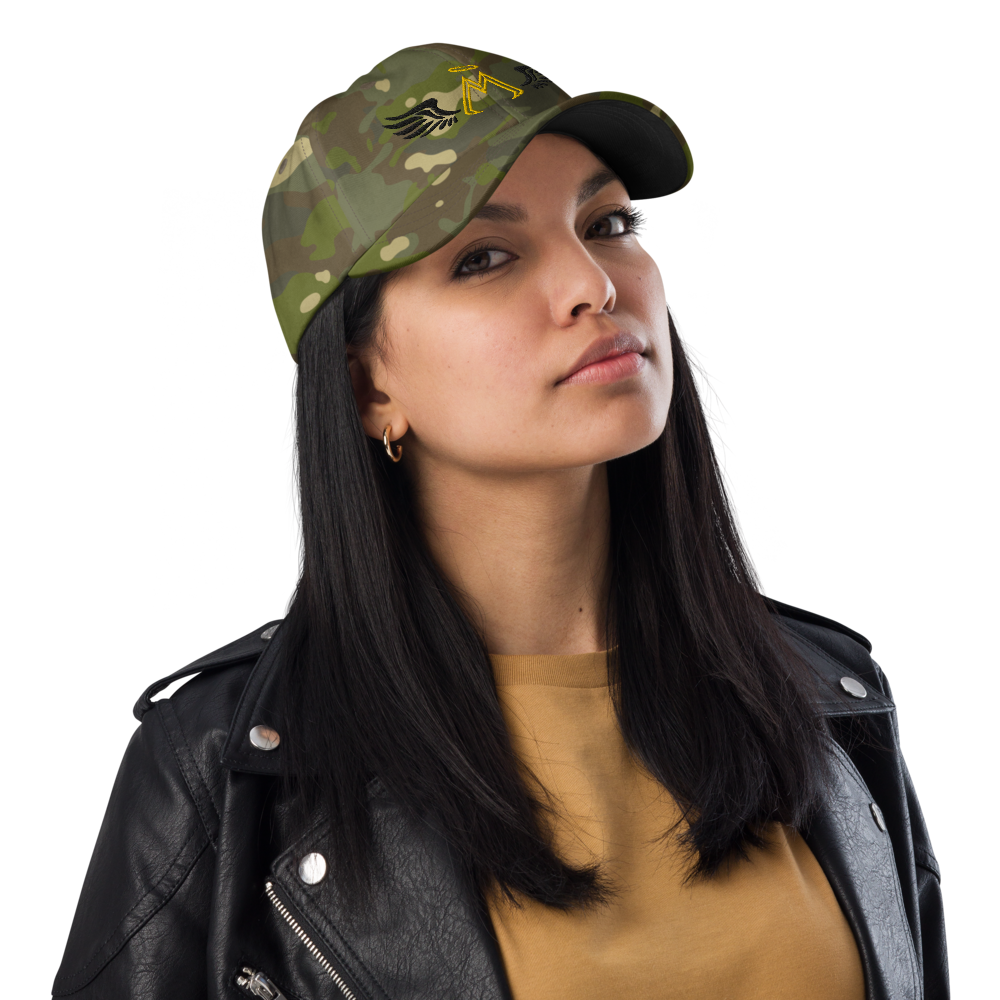 Army Green Camo Dad Hat With Embroidered Gold-Black MM Iconic Logo