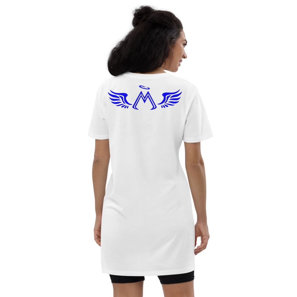 White Organic Cotton T-Shirt Dress With Blue MM Iconic Logo