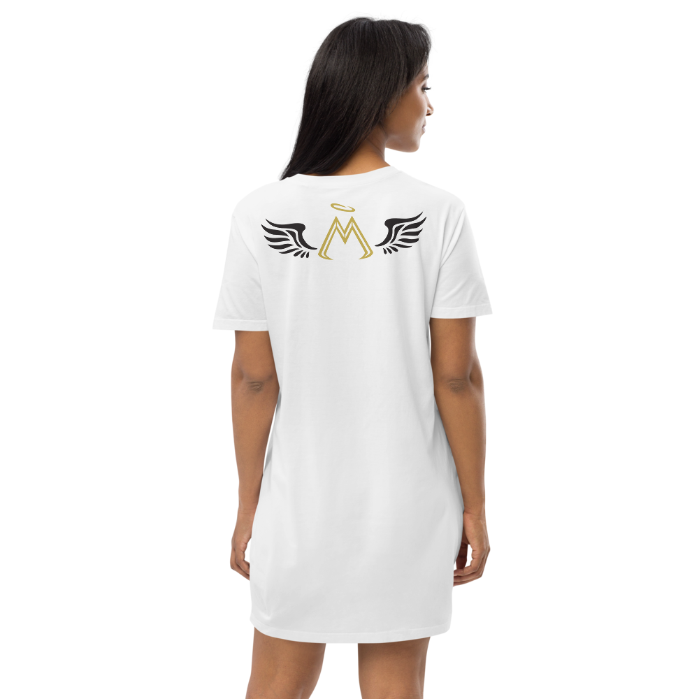 White Organic Cotton T-Shirt Dress With Gold-Black MM Iconic Logo