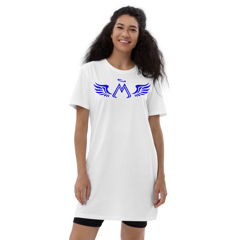 White Organic Cotton T-Shirt Dress With Blue MM Iconic Logo
