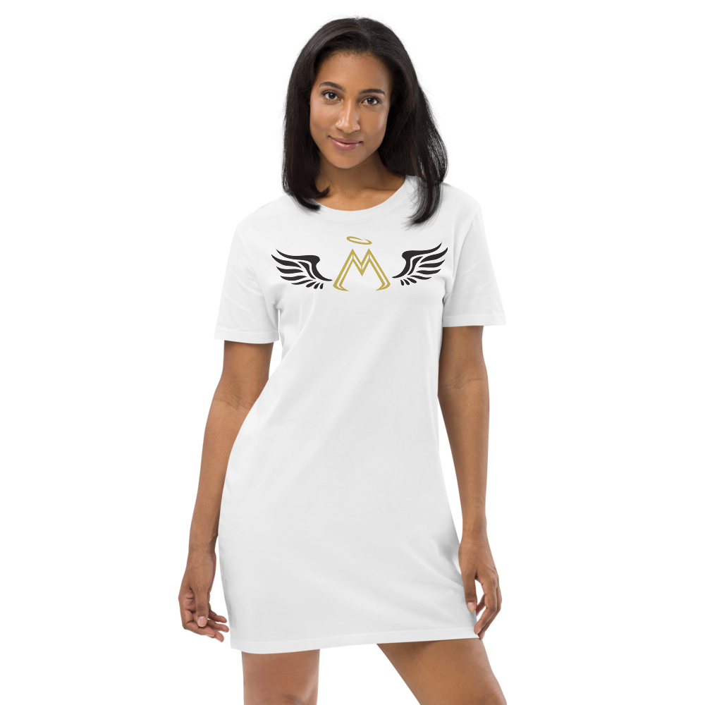 White Organic Cotton T-Shirt Dress With Gold-Black MM Iconic Logo