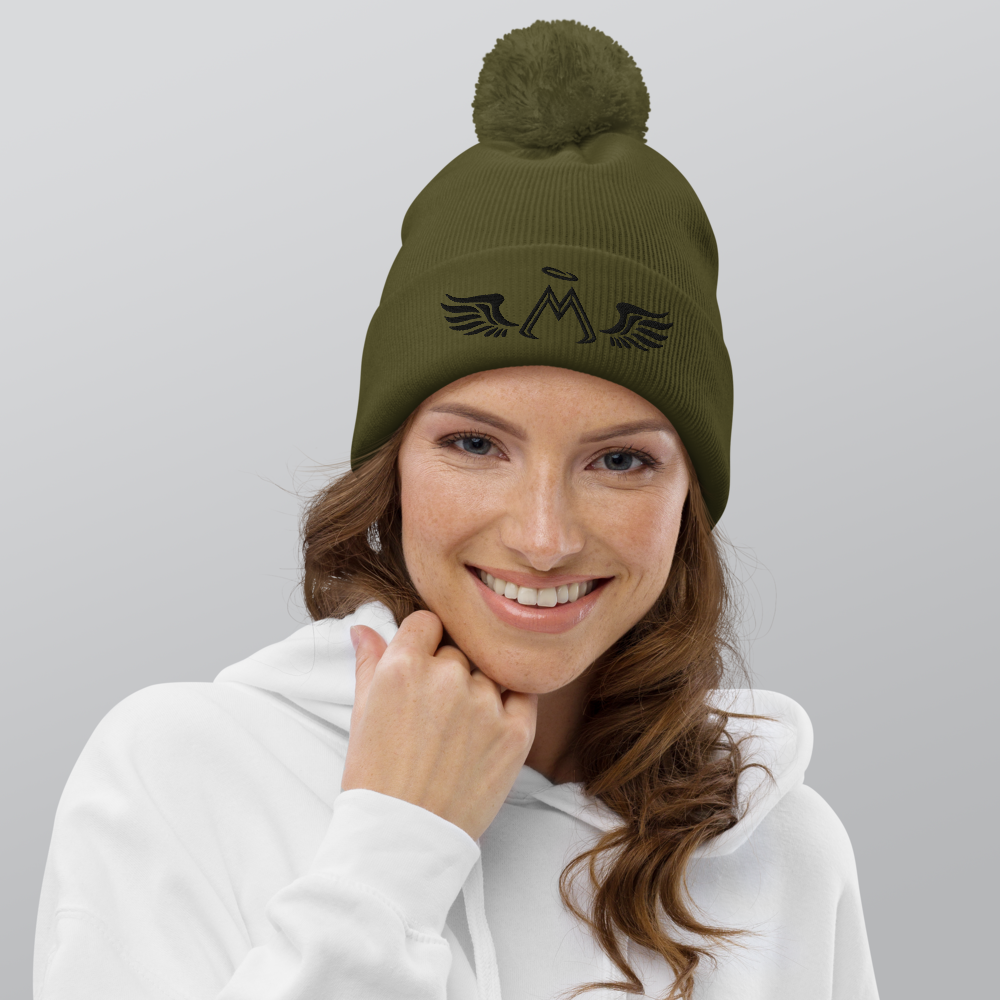 Moss Green Pom-Pom Beanie With Embroidered Black MM Iconic Logo