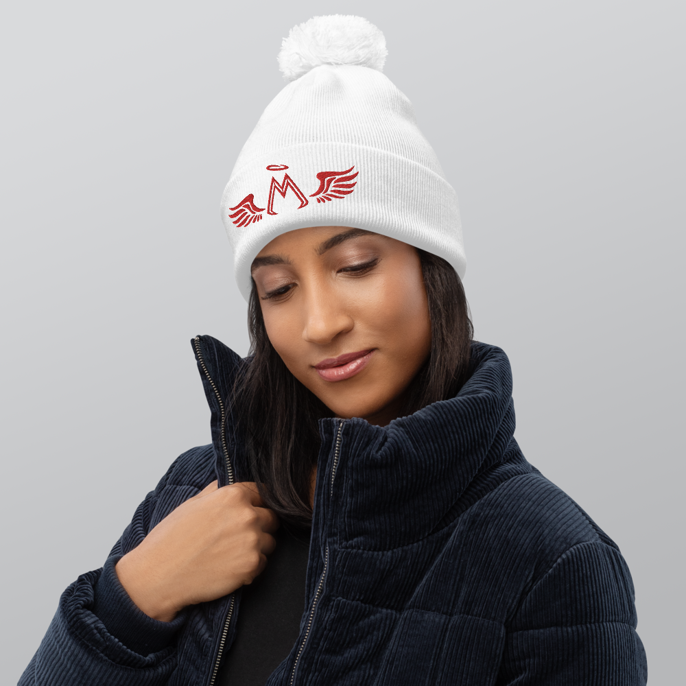 White Pom-Pom Beanie With Embroidered Red MM Iconic Logo