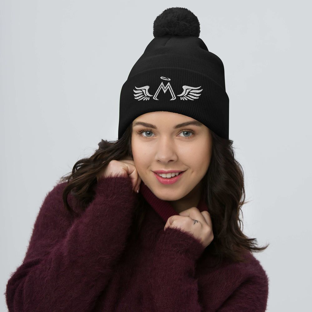 Black Pom-Pom Beanie With Embroidered White MM Iconic Logo