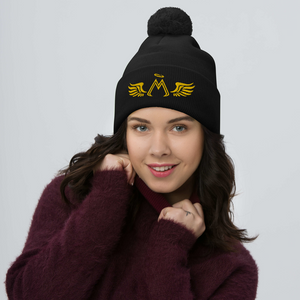 Black Pom-Pom Beanie With Embroidered Gold MM Iconic Logo