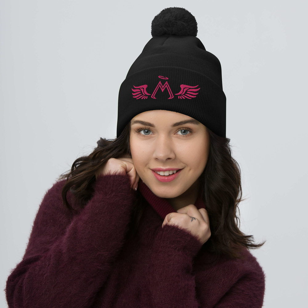 Black Pom-Pom Beanie With Embroidered Pink MM Iconic Logo