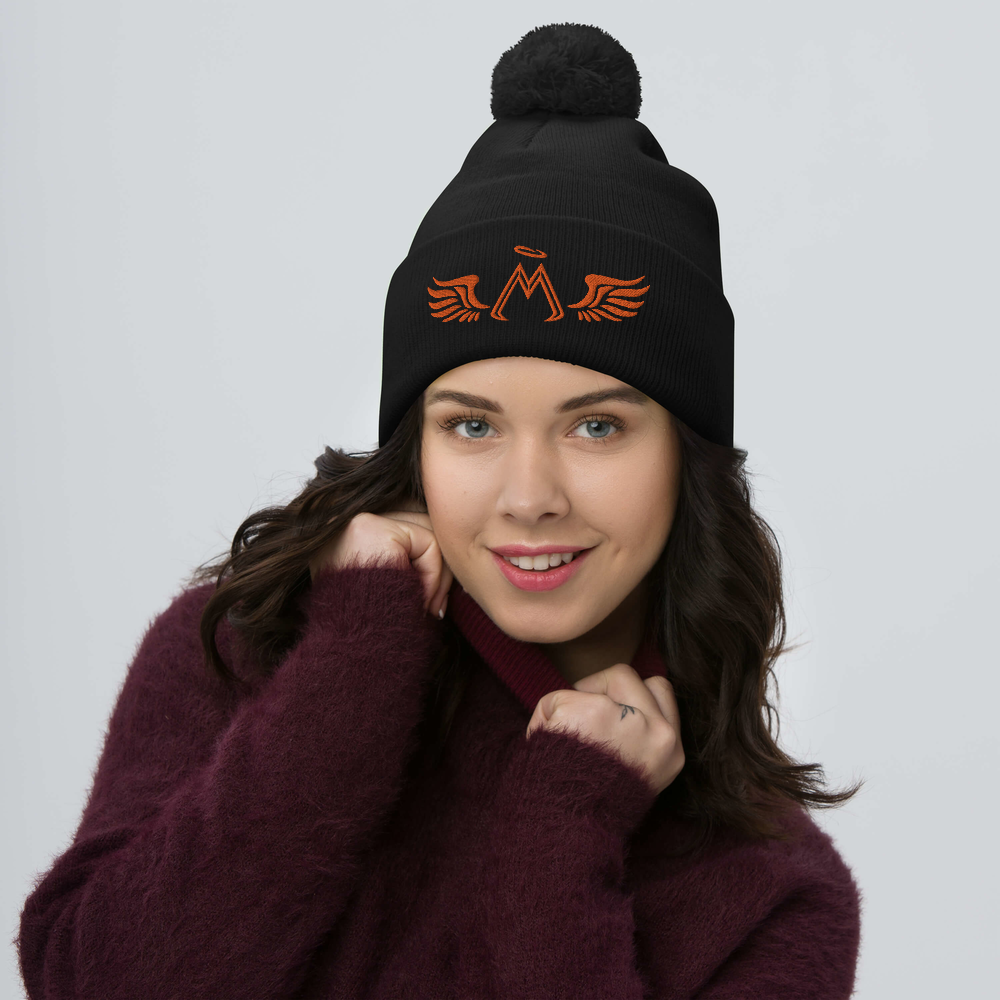 Black Pom-Pom Beanie With Embroidered Orange MM Iconic Logo