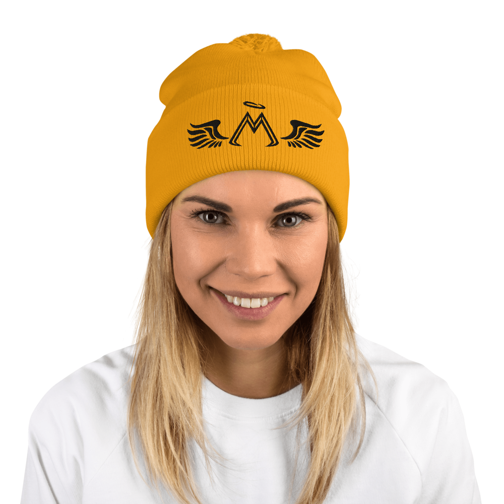 Gold Pom-Pom Beanie With Embroidered Black MM Iconic Logo