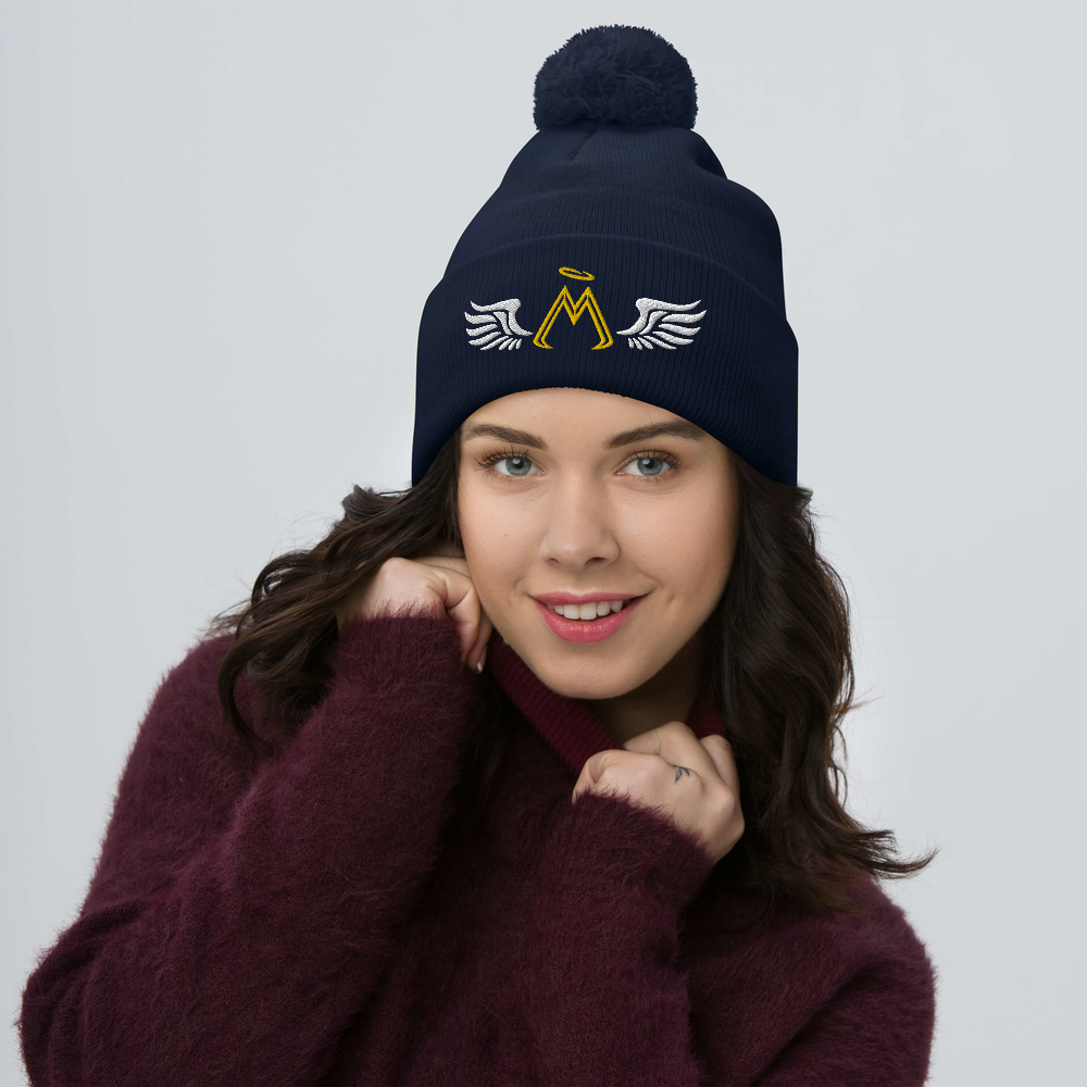 Navy Blue Pom-Pom Beanie With Embroidered Classic MM Iconic Logo