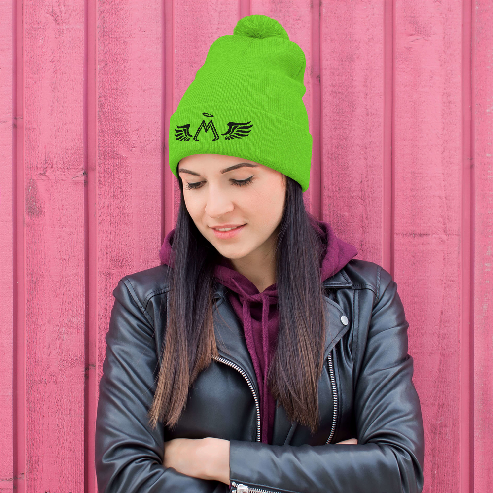 Neon Green Pom-Pom Beanie With Embroidered Black MM Iconic Logo