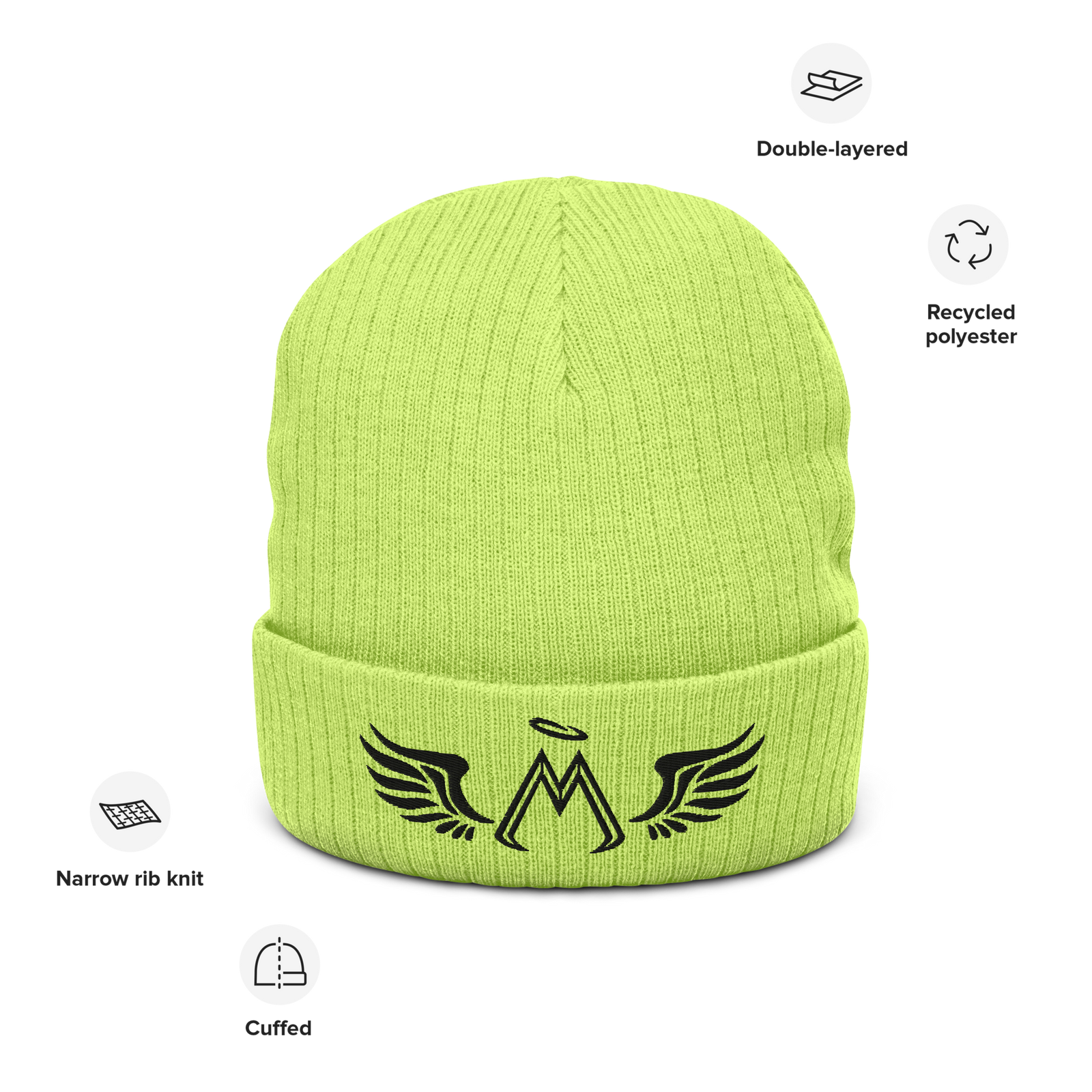 Acid Green Ribbed Knit Beanie With Embroidered Black MM Iconic Logo