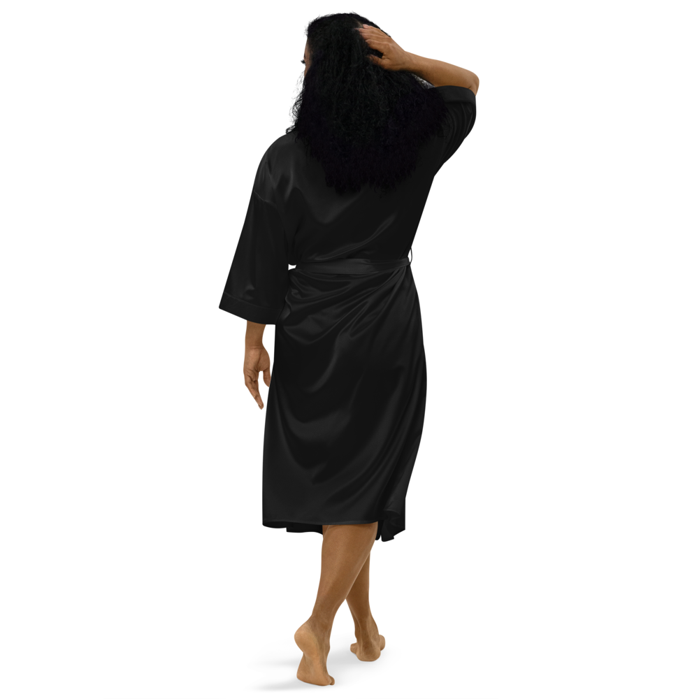 Black Satin Robe With Embroidered White MM Iconic Logo