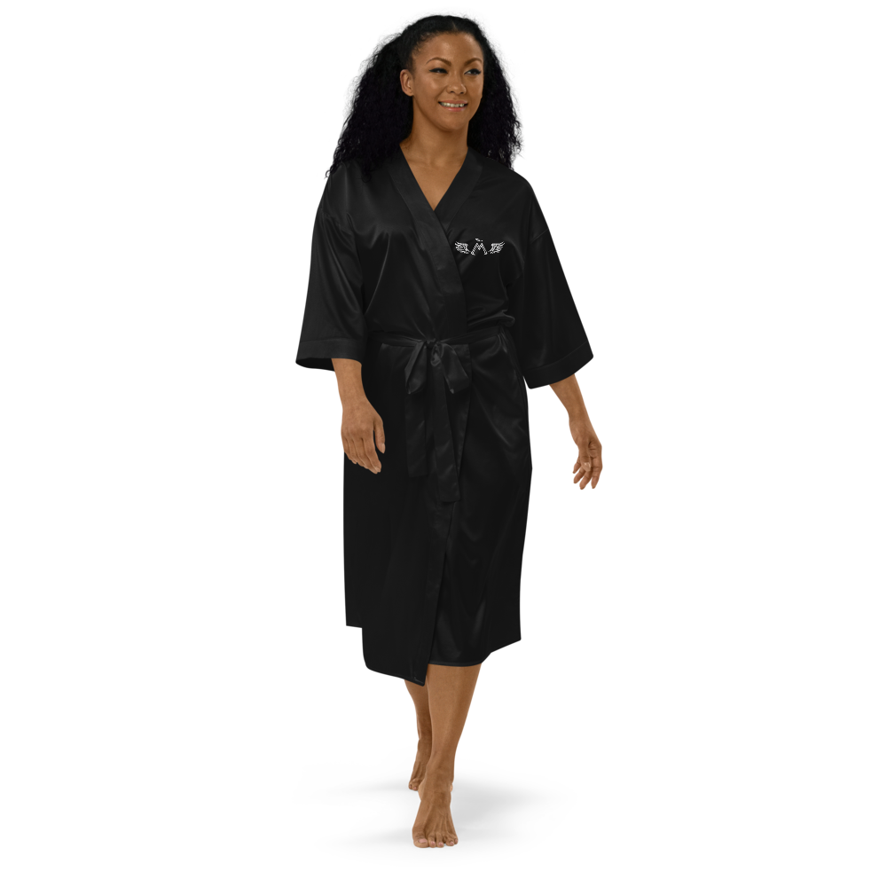 Black Satin Robe With Embroidered White MM Iconic Logo