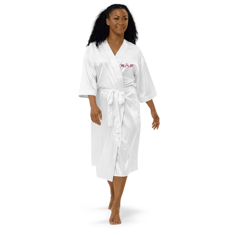 White Satin Robe With Embroidered Pink MM Iconic Logo